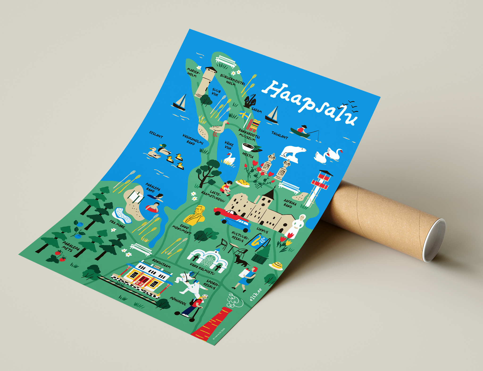 Haapsalu illustreeritud plakat koos kartongist postitustoruga